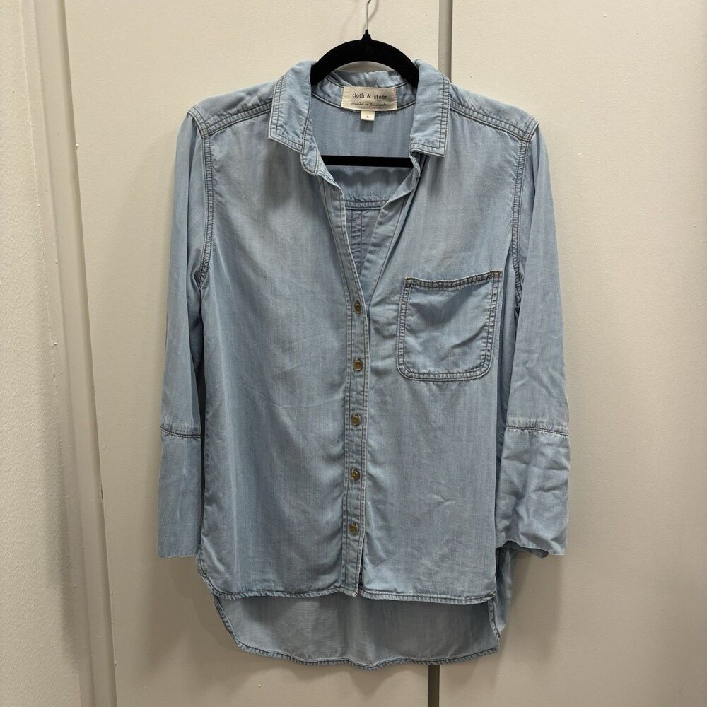 Cloth & Stone Anthropologie Sz Small Blue Chambray Denim Button Down Top Tencel - Picture 2 of 9